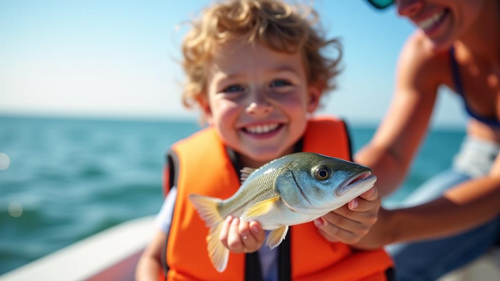 笑顔で魚を持つ子供